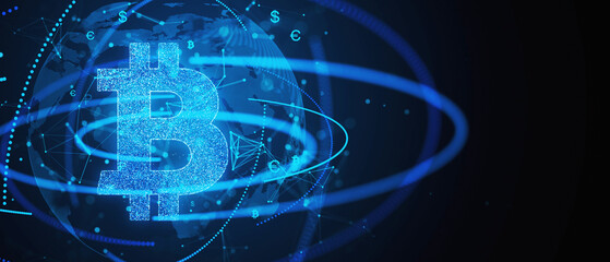 Aufkleber - Glowing Bitcoin icon with blue global network graphics. Cryptocurrency and digital finance concept. 3D Rendering
