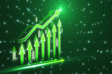 Poster - Growing green business chart arrows on blurry dark bokeh background. Success, trend and financial growth concept. 3D Rendering.