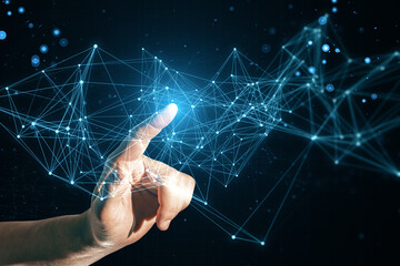 Poster - Innovative hand gesture towards a virtual connection network, illustrating internet technology and data exchange concept