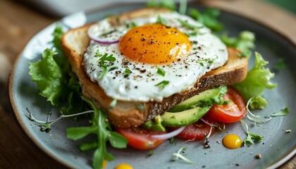 Wall Mural - a plate with a sandwich and a fried egg on it with avocado, a close up of a piece of bread with an egg on top of it on a wooden platter, sandwich, plate