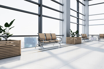 Poster - Contemporary airport waiting area interior with panoramic windows and city view, chairs and plants. 3D Rendering.