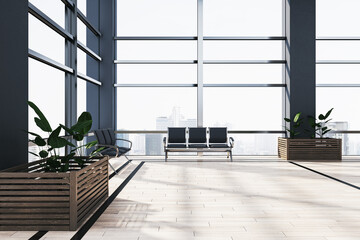 Poster - Clean airport waiting area interior with wooden flooring, panoramic windows and city view, chairs and plants. 3D Rendering.