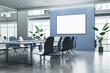 © Who is Danny - Contemporary blue, concrete and glass meeting room interior with empty white mock up banner, furniture and partitions. Workplace concept. 3D Rendering.