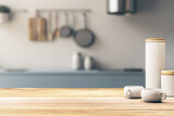 Fototapeta  - Minimalistic kitchen with wooden tabletop and neutral tones. Product staging area concept. 3D Rendering