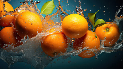 Wall Mural - Smooth Fresh ripe organic Orange Tropical Fruits slices and falling into water and splashes