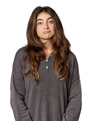 Young Caucasian woman in studio setting sad, serious face, feeling miserable and displeased.