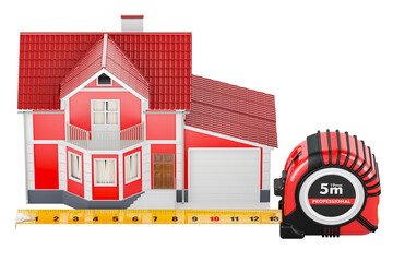 House with measuring tape. Home repair service, concept. 3D rendering isolated on transparent background