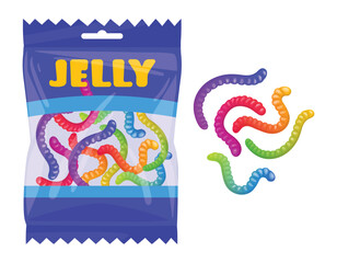 Wall Mural - Cartoon gummy worms. Chewy jelly candies package, sugary marmalade packaging, tasty sweets in plastic bag flat vector illustration. Gummy chewy worms