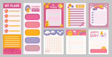 Childish Planners. To Do Lists Cute Design, Scandinavian Style Notes Paper Template. Notebook Empty Pages With Cartoon Elements, Neoteric Vector Set