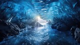 Fototapeta  - clean water gracefully falling from icicles inside a dark icy cave