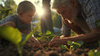 Grandpa teaching grandson the secrets of gardening while bonding and spending quality family time
