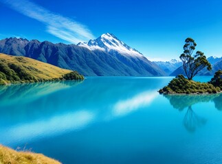 Wall Mural - A beautiful big snow mountain and a lake with beautiful blue water, beautiful nature background