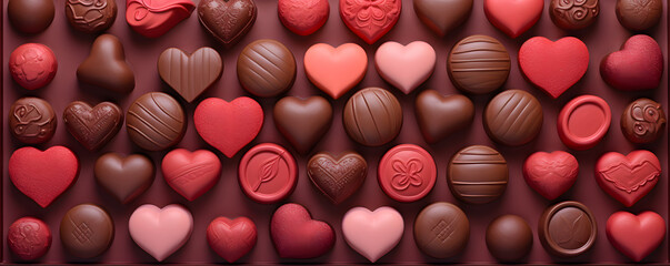 valentine's day background. top view heart shape chocolates. dessert sweet hearts, red and pink.