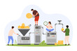 Conversion of business creative ideas into money using marketing sales funnel. Tiny people work with pipe generator machine with filter to convert light bulbs into coins cartoon vector illustration