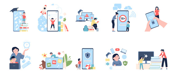 Gadget free time, kids digital content. Time limit with computer and low tech education. Children using gadgets with parental control, recent vector scenes