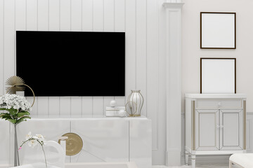 Wall Mural - Blank modern flat screen TV hanging on wall in living room, 3d render