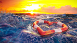 Fototapeta  - Rettungsring in Herzform treibt in stürmischer See bei Sonnenuntergang - Love Rescue