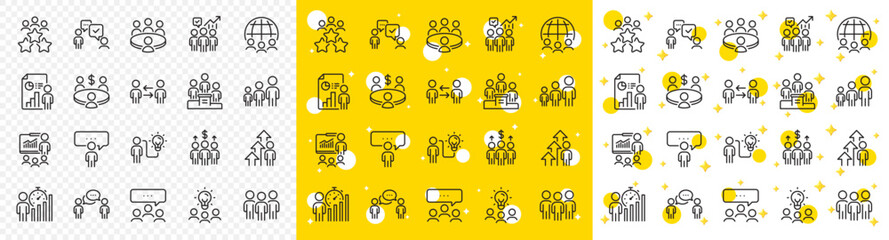 Poster - conference, seminar, classroom. meeting line icons. team, work and business idea icons. discussion, 