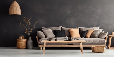 Scandinavian living room with dark pillows on wooden sofa.