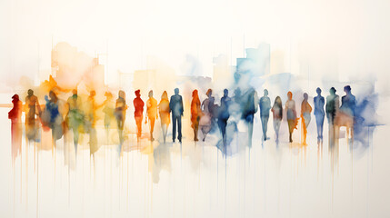 Wall Mural - Group of people silhouettes standing in the style of colorful watercolors