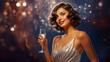 Joyful young adult female in 1920s flapper fashion, holding champagne at a themed party, silver dress, epitome of roaring twenties elegance.