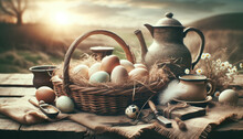  Vintage Style Easter Eggs In A Countryside Setting, Still Life.