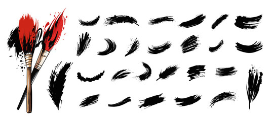 Wall Mural - japanese brush drawing strokes set. sketch cartoon japan brushes for paint ink and grunge oriental s
