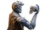 Futuristic robot man or humanoid cyborg holding and looking at a human skull. Side view of the upper body isolated on transparent background. 3d rendering