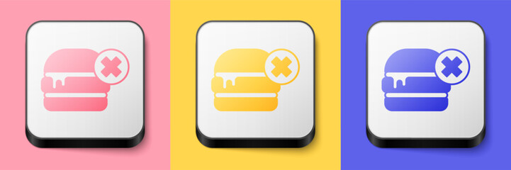 Poster - Isometric No burger icon isolated on pink, yellow and blue background. Hamburger icon. Cheeseburger sandwich sign. Fast food menu. Square button. Vector