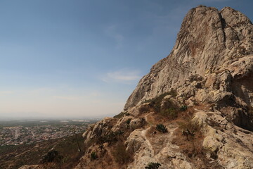 Spectacular view on the Pena de Bernal and the town of San Sebastian Bernal, Queretaro, Mexico