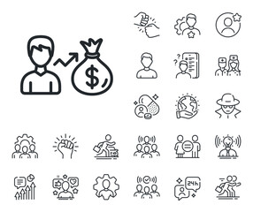 Wall Mural - Dollar money bag sign. Specialist, doctor and job competition outline icons. Businessman earnings line icon. Salary line sign. Avatar placeholder, spy headshot icon. Strike leader. Vector