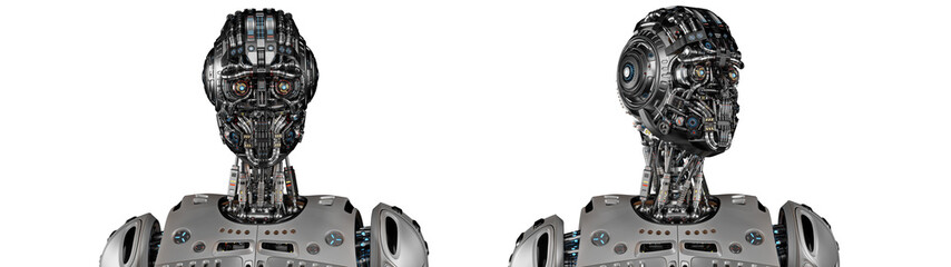 Sticker - Sci fi robot or humanoid machine with highly detailed face looks around. Set of two different poses. 3d rendering isolated on transparent background