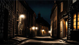 Fototapeta  - Stare miasteczko z krętymi uliczkami i starymi lampami nocą