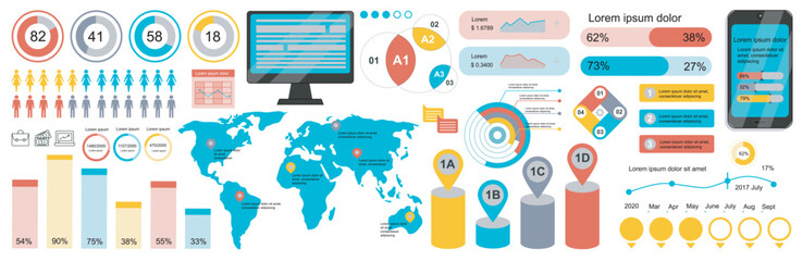 Poster - Mega set of infographic elements data visualization vector design template. Can be used for steps, options, business process, workflow, diagram, flowchart, timeline, marketing. Bundle info graphics.