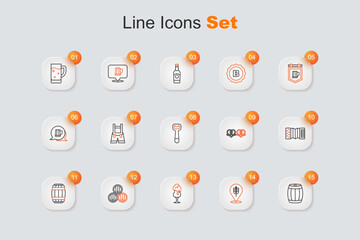 Sticker - Set line Wooden barrel, Wheat, Glass of beer, Accordion, Pretzel and Bottle opener icon. Vector