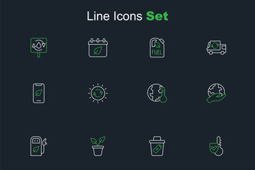 Poster - Set line Thermometer, Trash can, Plant in pot, Petrol or gas station, Hand holding Earth globe, melting to global warming, Solar energy panel and Mobile phone with leaf icon. Vector
