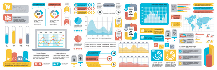 Poster - Mega set of infographic elements data visualization vector design template. Can be used for steps, options, business process, workflow, diagram, flowchart, timeline, marketing. Bundle info graphics.