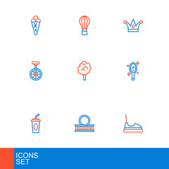 Poster - Set line Bumper car, Roller coaster, Paper glass with water, Magic hand mirror, Unicycle, Cotton candy, Jester hat bells and Hot air balloon icon. Vector