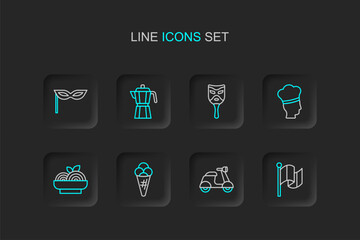 Sticker - Set line Flag Italy, Scooter, Ice cream in waffle, Pasta spaghetti, Italian cook, Carnival mask, Coffee maker moca pot and icon. Vector