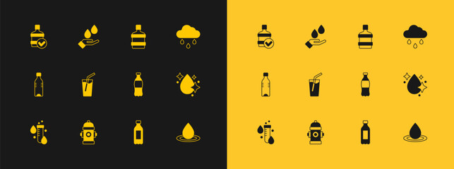 Wall Mural - Set Cloud with rain, Fire hydrant, Bottle of water, Glass, Big bottle clean, and Washing hands soap icon. Vector