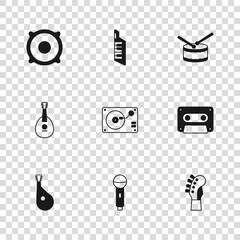 Poster - Set Microphone, Retro audio cassette tape, Guitar neck, Vinyl player with vinyl disk, Drum drum sticks, Stereo speaker, Keytar and Mandolin icon. Vector