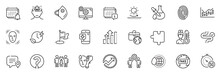 Icons Pack As Electronic Thermometer, Fingerprint And Notification Line Icons For App Include Calendar, Settings, World Water Outline Thin Icon Web Set. Global Business, Analysis Graph. Vector