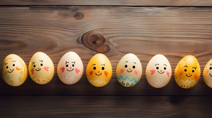 Wall Mural - Light Yellow Easter Eggs on a wooden Background with Copy Space. Template for a Happy Easter Greeting Card