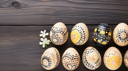 Wall Mural - Light Yellow Easter Eggs on a wooden Background with Copy Space. Template for a Happy Easter Greeting Card