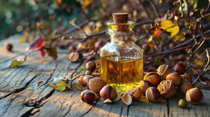 Sticker - A glass bottle of hazelnut oil stands on a wooden table next to a walnut tree