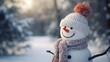 Cute snowman in a hat and knitted scarf. Winter background with copy space.