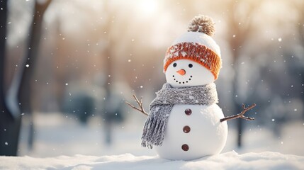 Cute snowman in a hat and knitted scarf. Winter background with copy space.