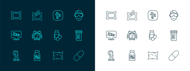 Wall Mural - Set line Eye sleep mask, Sleeping pill, Pillow, Alarm clock, Sleepy, and icon. Vector