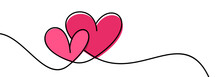 Two Pink Hearts Continuous Wavy Line Art Drawing On White Background.