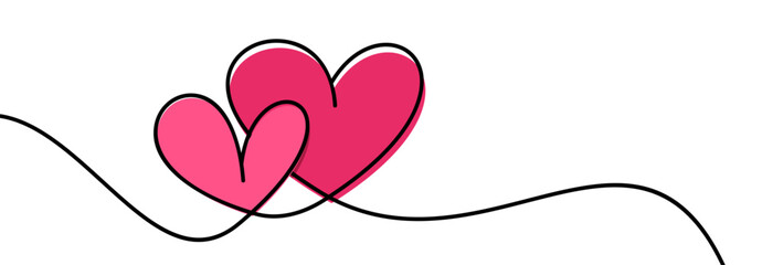 Wall Mural - two pink hearts continuous wavy line art drawing on white background.